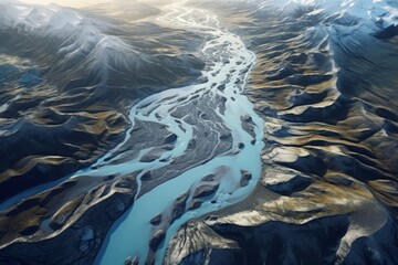 Iceland's majestic river system: A breathtaking aerial drone view captures the vast riverbed and delta formed by a glacial river, transporting deposits from the magnificent... Generative AI