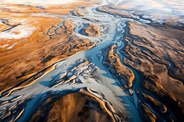 Iceland's majestic river system: A breathtaking aerial drone view captures the vast riverbed and delta formed by a glacial river, transporting deposits from the magnificent... Generative AI