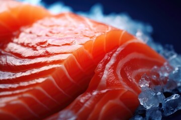photograph of Salmon fillet on ice macro lens soft lighting