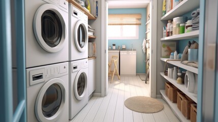 Interior of home laundry room with modern washing machine WhiteLaundry room interior with washing machine, basket, and white shelves.