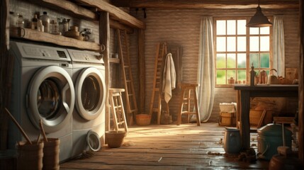 Fototapeta na wymiar Interior of home laundry room with modern washing machine WhiteLaundry room interior with washing machine, basket, and white shelves.