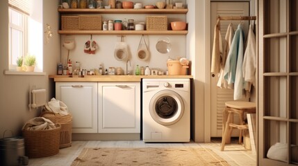 Interior of home laundry room with modern washing machine WhiteLaundry room interior with washing machine, basket, and white shelves.