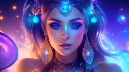 Obraz premium beautiful extravagant female face with eye shadows and adorned with glitter and lights