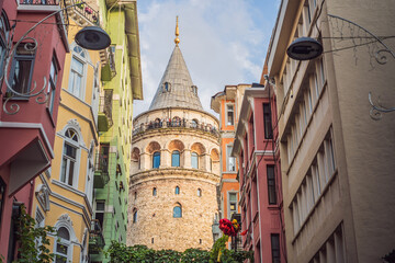 Istanbul city skyline in Turkey, Beyoglu district old houses with Galata tower