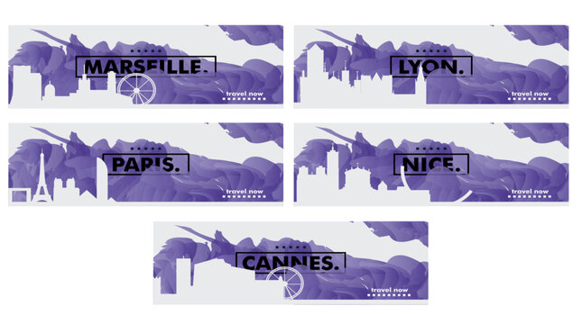 France cities abstract website banner vector set. Modern skyline cityscape landmark template pack collection for Paris, Marseille, Lyon, Cannes and Nice