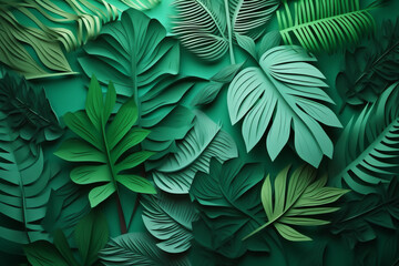 Naklejka na ściany i meble Tropical green leaf folding paper background, Generative AI