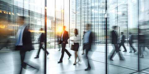 Time lapse image of busy business people on glass. AI generated