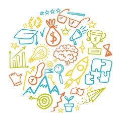 Round illustration of a collection of badges of business success and victory, hand-drawn in the style of doodles.