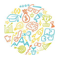 Round illustration of a collection of badges of business success and victory, hand-drawn in the style of doodles.