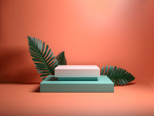 minimal podium design with leaves background. Simple and realistic podium design. summer theme product display. 3d rendering.
