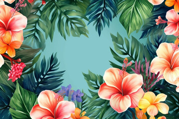 Fototapeta na wymiar Watercolor hibiscus flowers , Floral and leaves background. AI-generated image