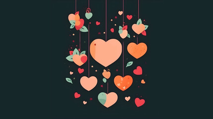 Illustration of hanging love heart or love shape design element on dark background. Valentines day, birthday, wedding anniversary, present, or romantic couple greetings. Generative AI technology.