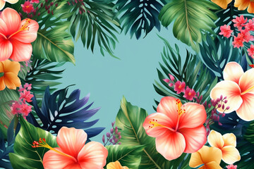 Watercolor hibiscus flowers , Floral and leaves background. AI-generated image