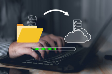 Data transfer through cloud technology Exchange data with modern internet technology that is fast and secure Internal document backup on online databases,Transfer files data system relocation concept - obrazy, fototapety, plakaty