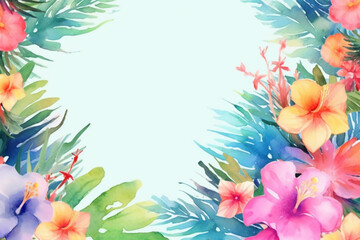 Watercolor hibiscus flowers , Floral and leaves background. AI-generated image