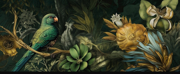 art tropical nature wallpaper jungle flower leaf exotic bird palm. Generative AI.