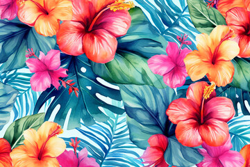 Obraz na płótnie Canvas Watercolor hibiscus flowers , Floral and leaves background. AI-generated image