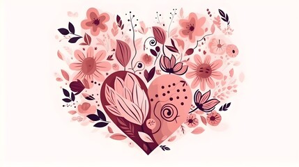 Illustration of pink heart or love shape, butterfly and flower ornament design element. Valentines day, birthday, wedding anniversary, present or romantic couple greetings. Generative AI technology. - obrazy, fototapety, plakaty