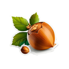 Huzelnut sticker with green leaves isolated on transparent background