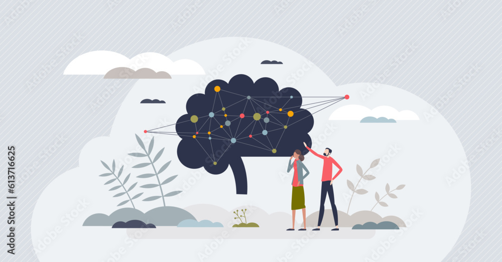 Poster neuropsychology study for brain cognition and behavior tiny person concept. neurology and psychology