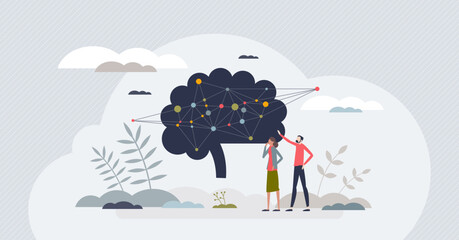 Neuropsychology study for brain cognition and behavior tiny person concept. Neurology and psychology interaction learning for nervous system and mental illnesses understanding vector illustration.