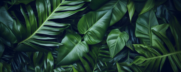 Obrazy na Plexi  closeup tropical green leaf background. Flat lay, fresh wallpaper banner concept