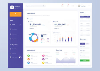 Infographic dashboard. UI design with graphs, charts and diagrams. Web interface template for business presentation. - obrazy, fototapety, plakaty