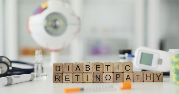 Diabetic ritinopathy inscription on wooden cubes on the table, close-up. Treatment of eye disease, diabetes mellitus