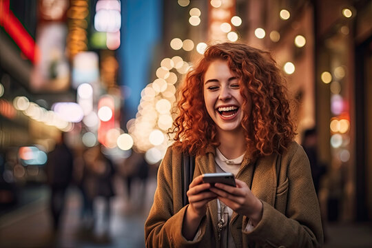 Happy woman with smart phone on street