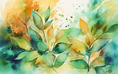Abstract watercolor green background with leaves. Generative AI technology.