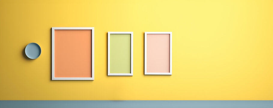 Abstract minimal concept. Vibrant bright multi colour background with empty blank photo frames, abstract landscape. Mock up template for product presentation. 3D rendering. copy text space	