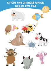 Circle the animals which live in the sea. Circle the sea animals on the page. Fun educational worksheet for kindergarten and preschool children. Printable activity kit for children. Vector file.