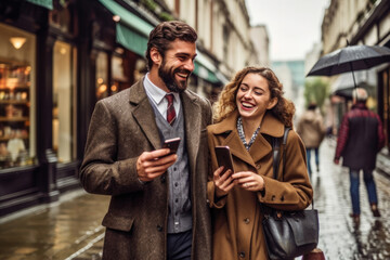 Happy couple with smart phone on street