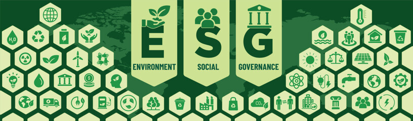 ESG Icons Banner set. Environment, social, governance, sustain, development, achievement, earth and ecological. Vector illustration
