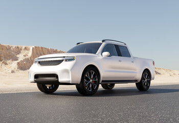 Fototapeta na wymiar White Electric Pickup Truck parking on desert roadside. Generic design. 3D rendering image.