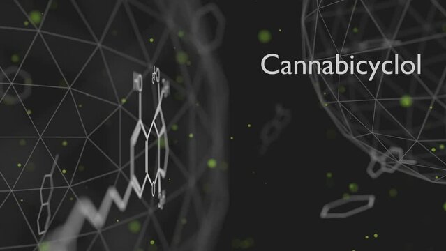 Cannabicyclol or CBL molecular structural chemical formula. Futuristic science backdrop. Pharmacology concept