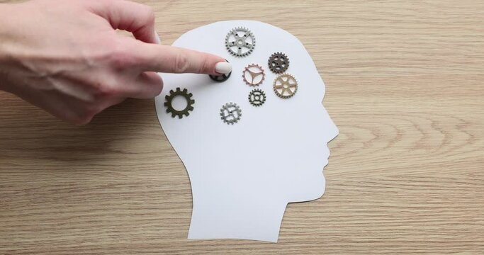 The hand moves the gears on the figure of a human head, close-up. The effect of learning on the mind