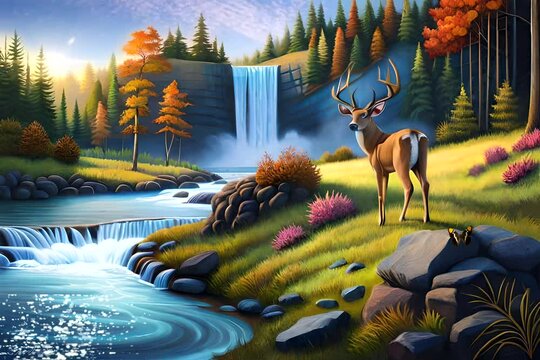 landscape with deer and waterfall