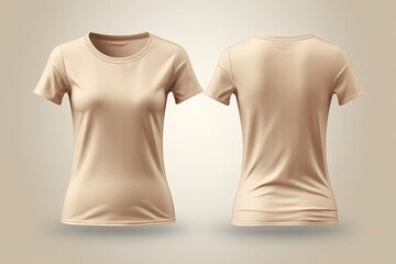 Beige female t-shirt realistic mockup set from front and back view, blank textile print design template for fashion apparel. Created with Generative AI Technology