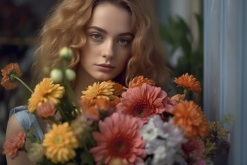 Naklejka premium 花束を持った女性 with generative ai