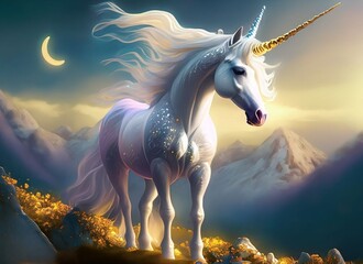Naklejka na ściany i meble A majestic unicorn stands upon a mountaintop 