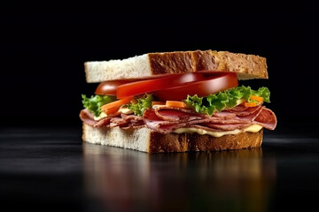 Fresh delicious sandwich isolated on dark background. Created with Generative AI Technology