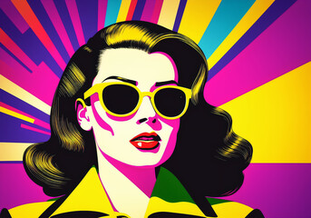 Fototapeta na wymiar A woman with sunglasses, a pop art painting. Generative AI.