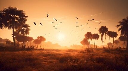Fototapeta na wymiar Meadow landscape with coconut trees on the left and right, golden hour evening sunset, silhouettes of birds flying above it. Generative AI technology.