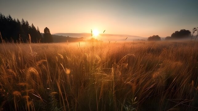 Landscape of grasslands and some trees with sunset in the evening golden hour and mountains in the background. Generative AI technology.