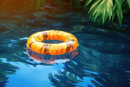Swimming ring with palm leaves on the pool. Ai. Summer background