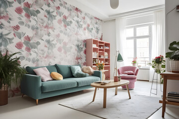 living room and Apartment with floral wallpaper