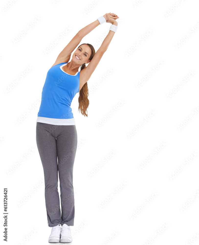 Canvas Prints Isolated woman, stretching and portrait for fitness, wellness and workout by transparent png background. Girl, model or personal trainer with self care, health and happy at training, exercise or body