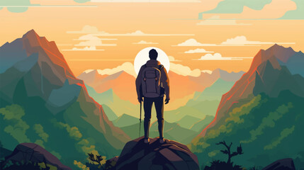 Man with backpack, traveller or explorer standing on top of mountain or cliff and looking on valley. Concept of discovery, exploration, hiking, adventure tourism and travel - obrazy, fototapety, plakaty