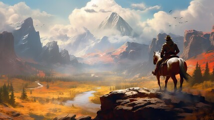 A cowboy or cowgirl riding a horse with a majestic mountain landscape in the background. Generative AI.